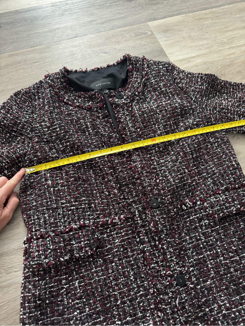 Ann Taylor tweed jacket w/ dark, multi-color textured design and fringe detail - Picture 10 of 16